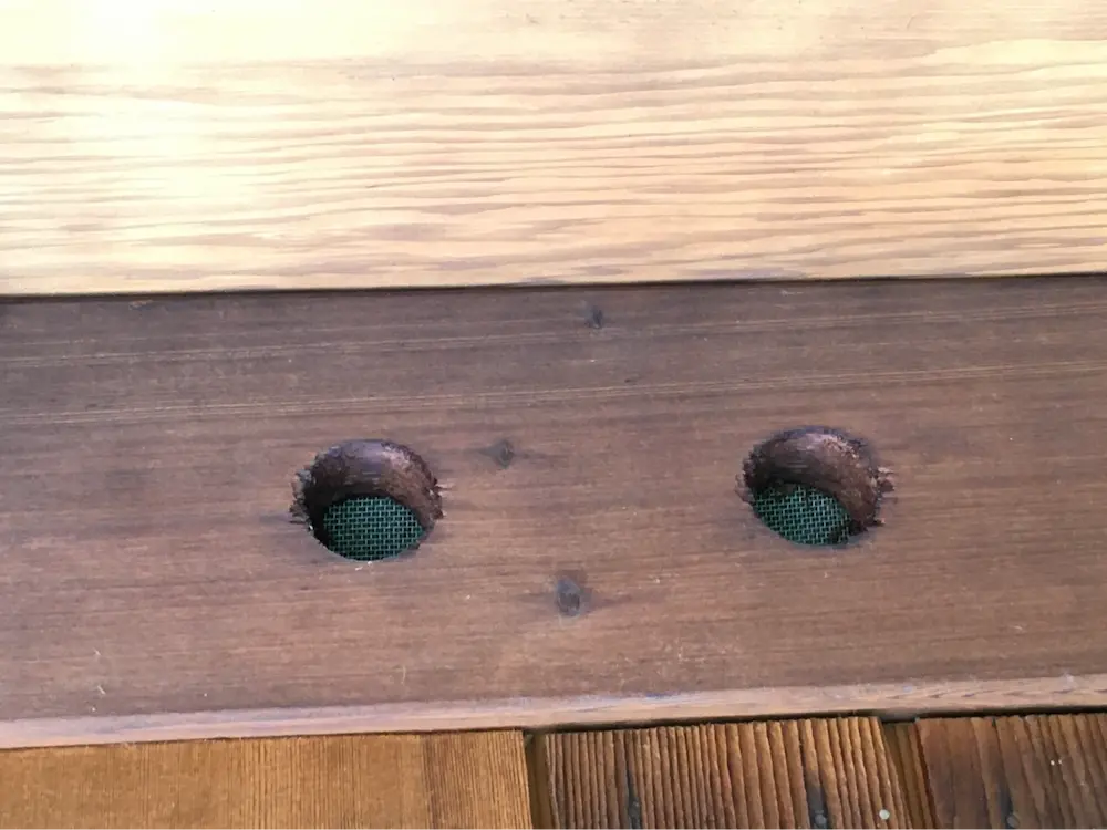 Two bird hole vents with 1/8 inch metal mesh.