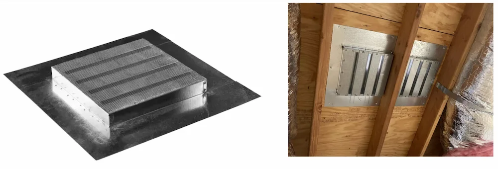 Figure - Brandguard Chapter 7A compliant vent that is installed from the attic. Could be suitable for retrofitting an existing off ridge or turbine vent.  Source: <a href="https://www.brandguardvents.com/">BrandGuard</a> website.