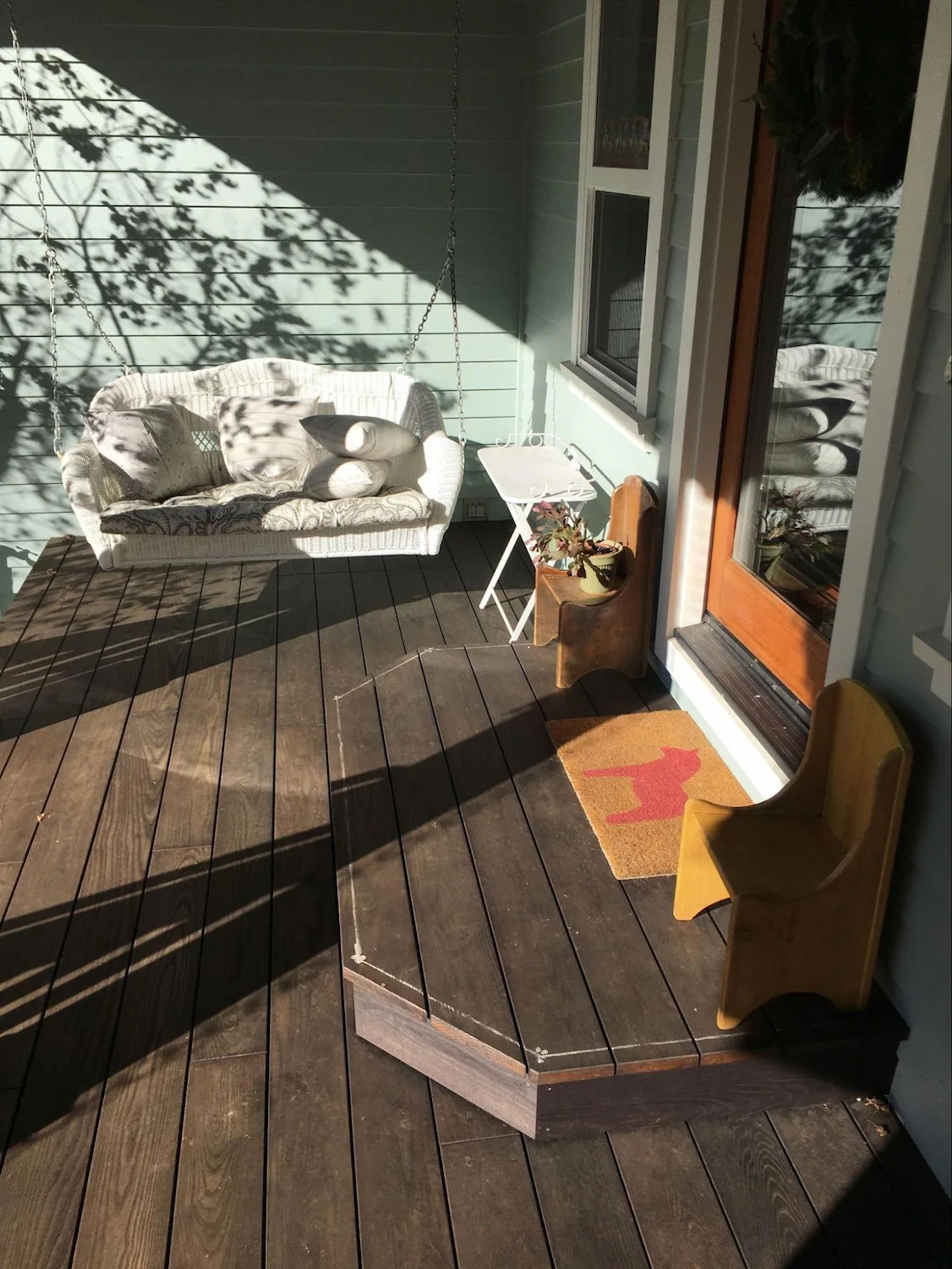 Hardwood patio constructed of ipe wood species.  Patios are considered covered decks and share similar wildfire vulnerabilities and mitigations.
