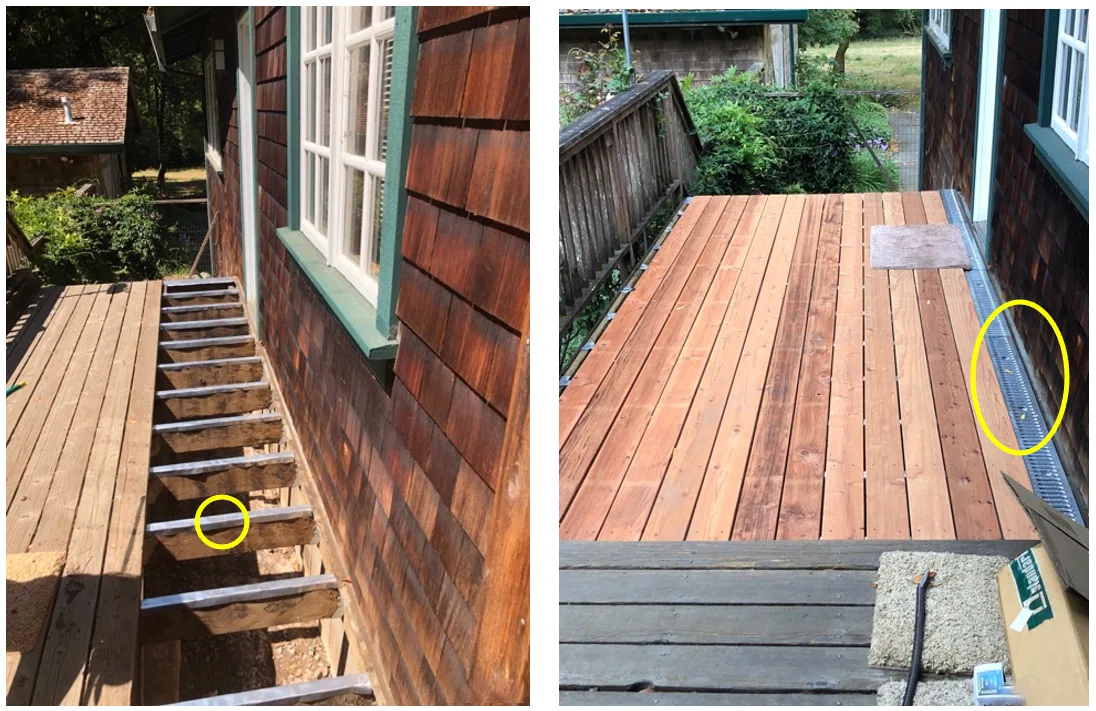 A softwood deck retrofitted with corrosion resistant steel flashing on top of timber joists and a metal grate deck board adjacent to the structure. Foil-faced bitumen tape could be used as an alternative to the flashing on top of the joists.