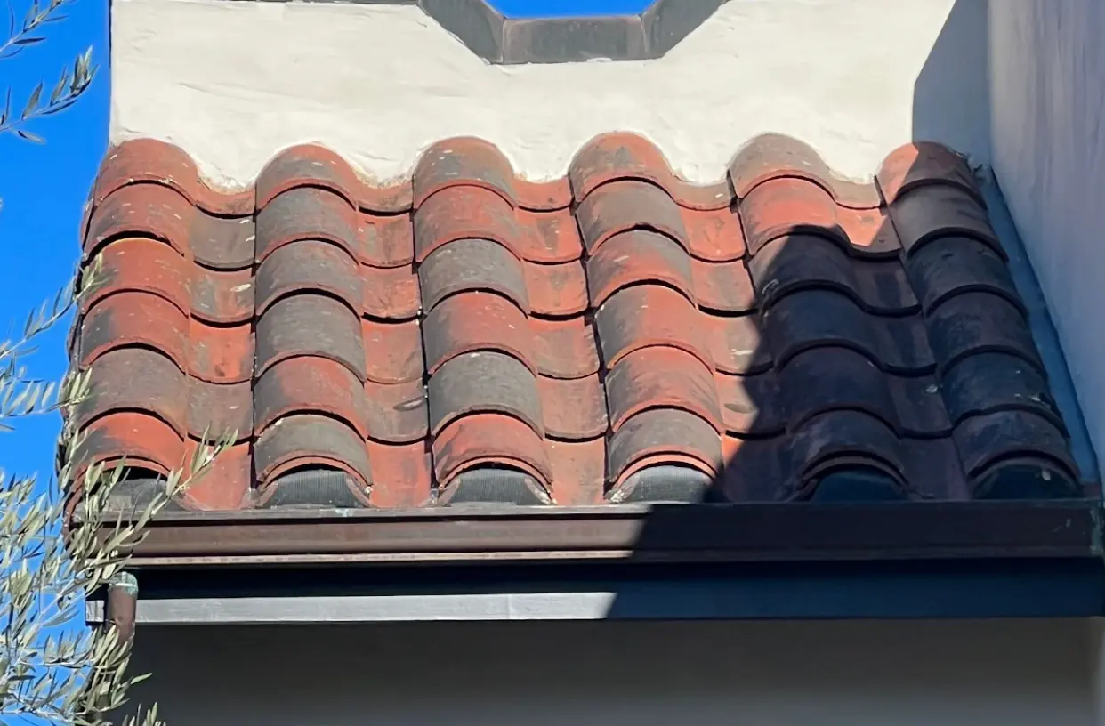 Clay barrel style tile roof with screening installed to mitigate debris and ember risk exposures. This should be paired with an effective noncombustible gutter cover.