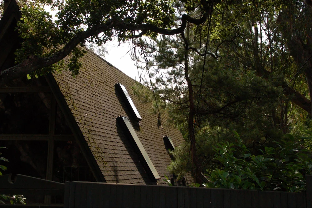 Steep slope roof with skylights. Steep slope roofs act more like a wall and generally experience less plant debris accumulation. However, if vegetation or other structures are located in the view-field of the skylight and ignite, they could threaten the roof and skylights with radiant heat exposure.